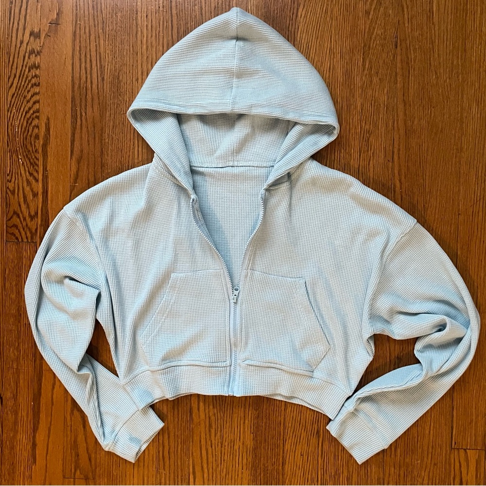 Light Blue Cropped Full Zip Long Sleeve Waffle Knit Hoodie
